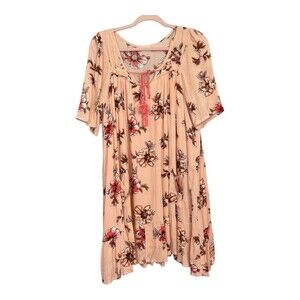 Altar’d State Boho Pink Floral Ruffle Hem Peasant Tassel Tie Shift Dress Sz S